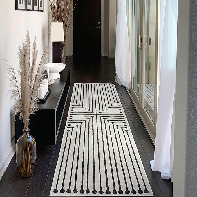 RUGGABLE x Jonathan Adler Machine Washable Modern Runner Rug – Inkdrop Black & Ivory 2.5x7, Stain-Resistant, Non-Slip – Washable Rug for Hallway, Entryway, Living Room & Kitchen–with Standard Pad