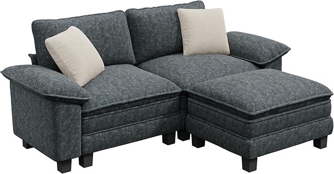 87-Inch L Shaped Sectional Sofa with Cloud Cushions, Deep Seat Modular Couch Set w/ 3 Seats & 1 Ottomans, Removable Arms, Plush Chenille Upholstery for Living Room, Apartment - Cyan