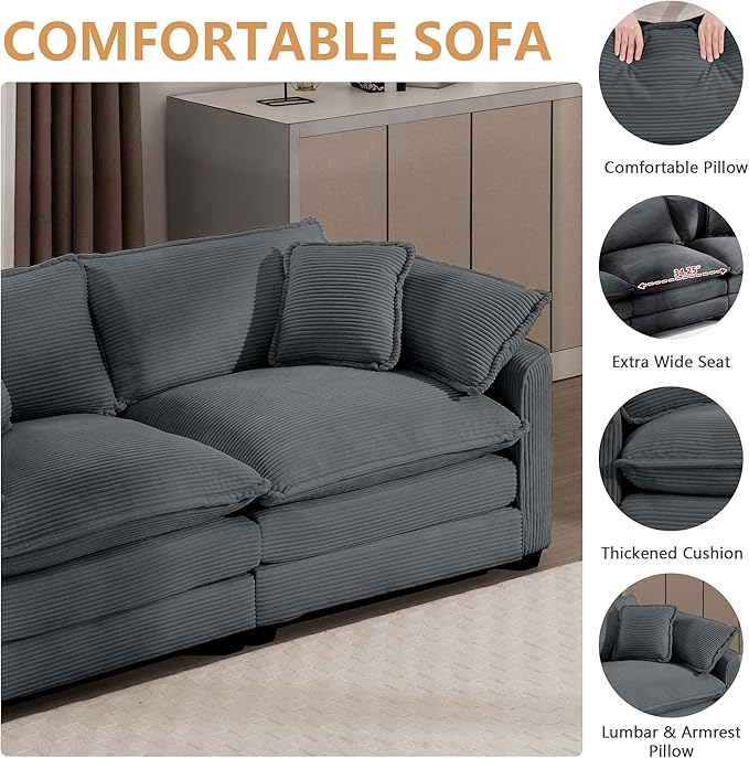 mikibama Luxury 3 Piece Sofa Set, 3-Seater & 2 Single Sofa Set, Modern Corduroy Comfy Cloud Couches Set for Living Room Office with 2 Armrest Pillows and 5 Toss Pillows, Grey