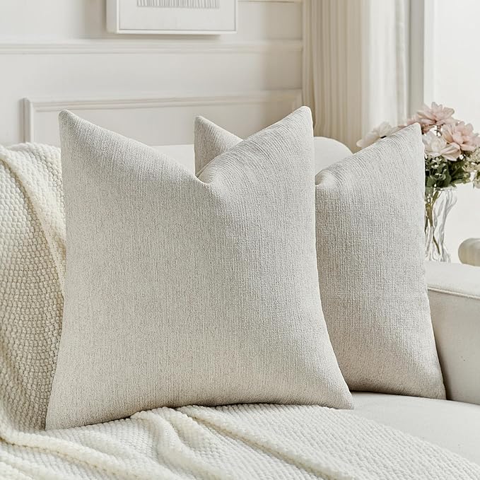 FUTEI Natural White Wood Chenille Decorative Throw Pillow Covers 18x18 Inch Set of 2,Soft Cozy Faux Linen Textured Cushion Case,Farmhouse Home Decor for Couch Living Room