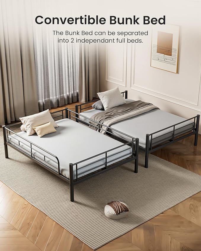 Full Over Full Bunk Bed, Convertible into 2 Full Beds, Heavy-Duty Metal Bed Frame with Safety Full-Length Guardrails & EVA Padded Ladder for Adults, Teens, Kids, No Box Spring Needed, Black