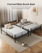 Full Over Full Bunk Bed, Convertible into 2 Full Beds, Heavy-Duty Metal Bed Frame with Safety Full-Length Guardrails & EVA Padded Ladder for Adults, Teens, Kids, No Box Spring Needed, Black