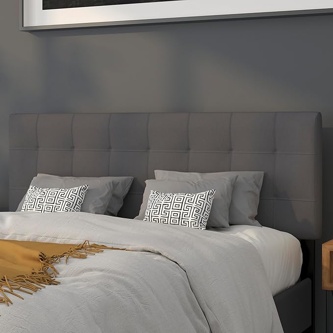 EMMA + OLIVER Quilted Tufted Queen Size Headboard in Dark Gray Fabric