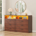Bigbiglife Dresser for Bedroom, 6 Drawer Dresser with Charging Station and Led Light, Modern Chest of Drawers for Bedroom, Living Room (Walnut Brown)