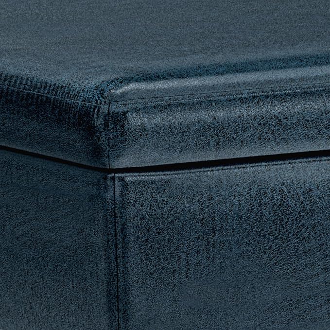 SIMPLIHOME Owen 34 inch Wide Mid Century Modern Rectangle Coffee Table Storage Ottoman in Distressed Dark Blue Vegan Faux Leather, Assembled, for the Living Room, Entryway and Family Room