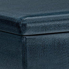 SIMPLIHOME Owen 34 inch Wide Mid Century Modern Rectangle Coffee Table Storage Ottoman in Distressed Dark Blue Vegan Faux Leather, Assembled, for the Living Room, Entryway and Family Room