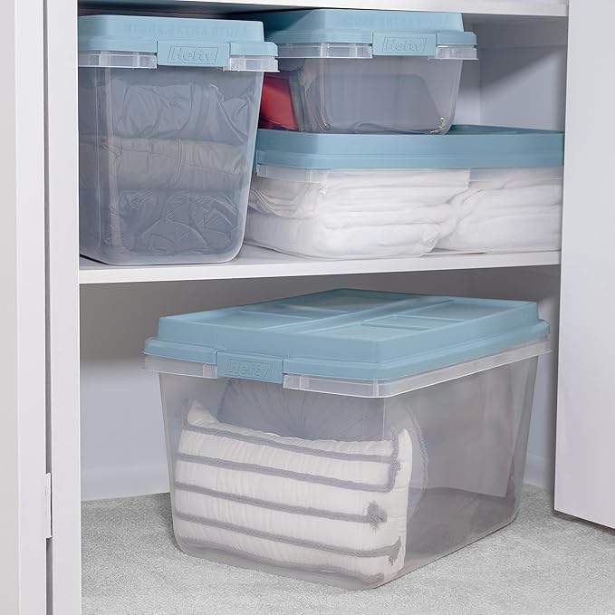 Hefty HI-RISE 32 Qt Stackable Storage Bins with Lids – 6 Pack Clear Plastic Under Bed Storage Containers, Shoe Organizer Boxes with XL Lid-Locking Latches, Comfort-Grip Handles, Durable Double Rim