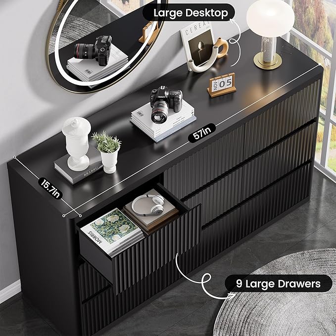 Black 9 Drawers Dressers for Bedroom, 57" Large Chest of Drawers with Handleless, Curved Profile, Modern Flute Dresser TV Stand, Wooden Closet Clothes Storage Organizer for Living Room