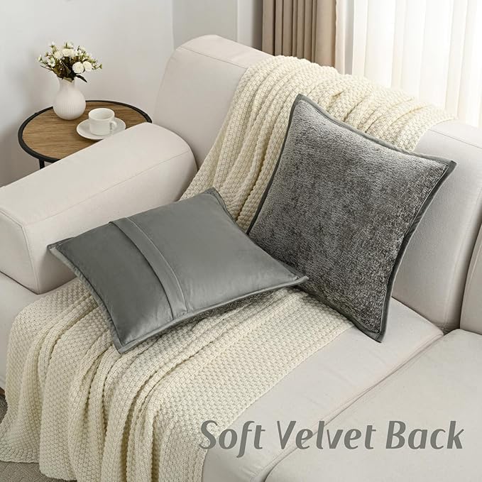 FUTEI Grey Chenille Throw Pillow Covers 24x24 Inch Set of 2,Soft Cozy Bound Edge Design European Cushion Cover,Home Decor for Couch Bed Living Room