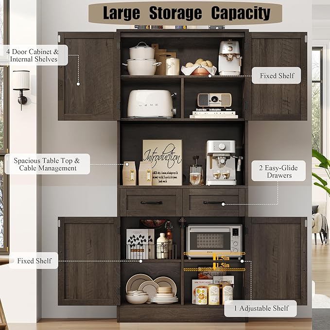 HOSTACK 71“ Tall Kitchen Pantry Storage Cabinet, Modern Kitchen Hutch Bar Cabinet with Microwave Stand, Wood Buffet Sideboard with Hutch, Cupboard with Drawers, Shelves for Dining Room, Dark Brown