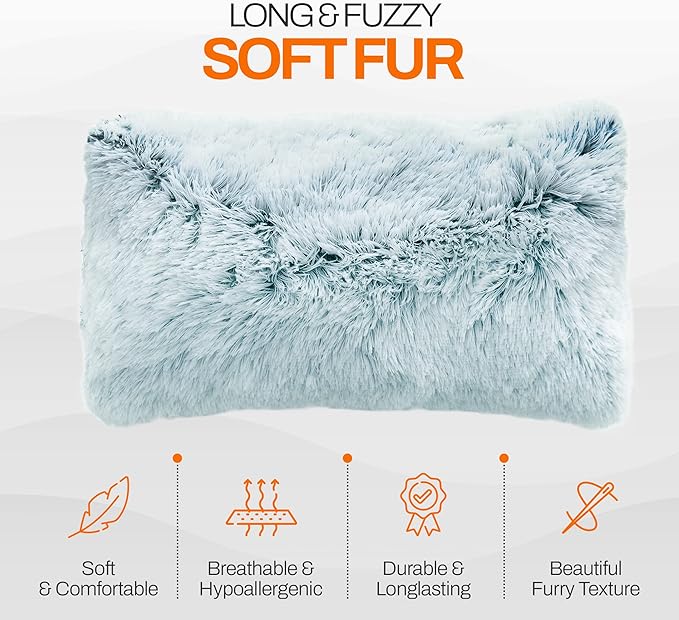 Cheer Collection Throw Pillows for Couch and Bed, Soft Shaggy Throw Pillows with Inserts Included, Cozy Long Hair Faux Fur Pillows - Set of 2-12" x 20" - Blue Ombre