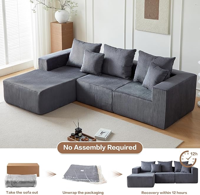 101" Sectional Couches for Living Room,Boneless Cloud Couch,L-Shaped Sofa with Oversized Deep Seat,Comfy Couch for Bedroom,Compressed Sofa in a Box,No Assembly Required,Grey