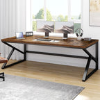 HSH Large Rustic Brown Computer Desk, 70 Inch Home Office Metal Wood Desk for 2 Person, Farmhouse Extra Long Writing Study Gaming Table, Bedroom Living Room PC Laptop Dual Monitor Desk