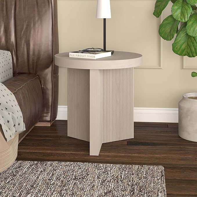 Henn&Hart 22" Fluted Scandinavian Round End Table, Ribbed Side Table, Nightstand for Living Room, Office, Family Room, or Bedroom, Alder White