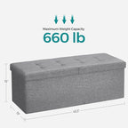 SONGMICS MAZIE Collection - 43 Inches Storage Ottoman, Foldable Storage Bench with Flipping Lid, 660 lb Load Capacity, for Entryway, Living Room, Bedroom, Light Gray ULSF71G