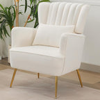 Fabric Accent Living Room Arm Chair with Pillow & Golden Legs, 8.5" Thick Cushion, Mid Century Modern Wingback Chairs Upholstered Comfy Sofa Armchair for Reading Room/Bedroom, White