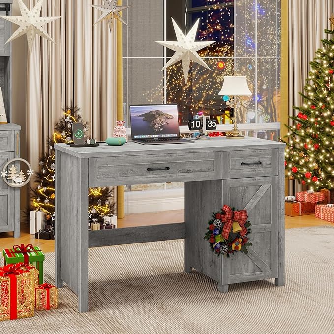 Farmhouse 47" Executive Desk, Computer Desk with Drawers and Storage Cabinet, Workstation for Home Office and Study.(Grey)