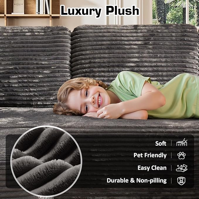 133.1'' Boneless Sectional Couches for Living Room, Oversized Cloud Couch with Chaise & Ottoman, Modular Sofa Sets Deep Seat Plush Corduroy, No Assembly Required,Plush Corduroy,Gray