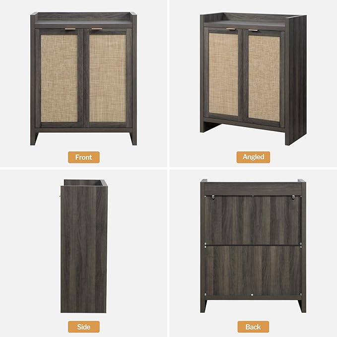 SICOTAS Shoe Cabinet Set of 2, Large Capacity Shoe Storage Organizer Cabinet, Tall Rattan Shoe Cabinet with Doors and Shelves, 6-Tier Farmhouse Boho Wooden Storage Cabinet for Entryway, Black Oak