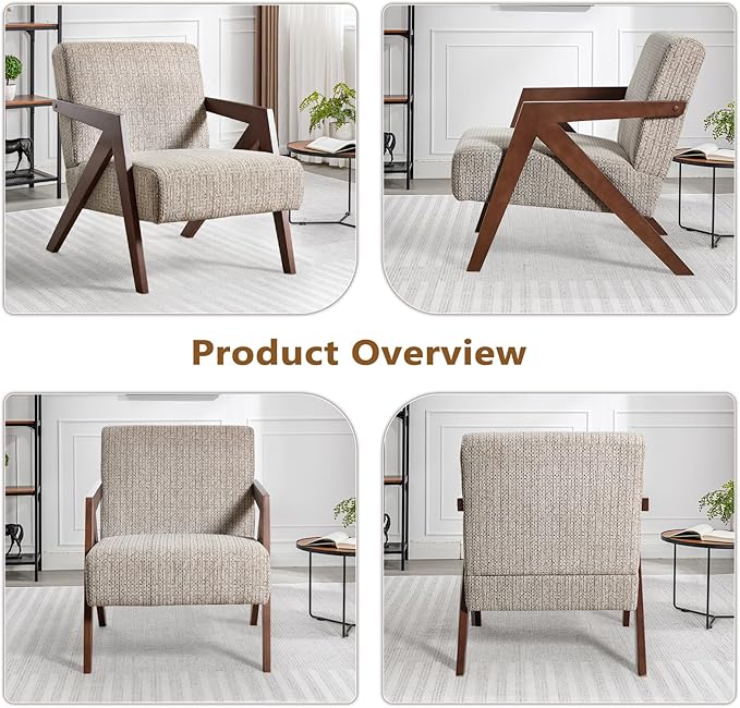 Bonzy Home Mid-Century Modern Accent Chair Set of 2 with Solid Wood Frame, Upholstered Armchair for Bedroom & Living Room, Reading Side Chair with Soft Lien Fabric Cushion,Easy Assembly,Light Grey