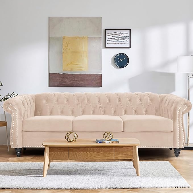2 Piece Living Room Sofa Set, 3 Seater Velvet Sofa Couch and Chair Set, Mid Century Modern Upholstered Couch with Cushions, Comfy Tufted Chesterfield Couches for Living Room, Bedroom, Office