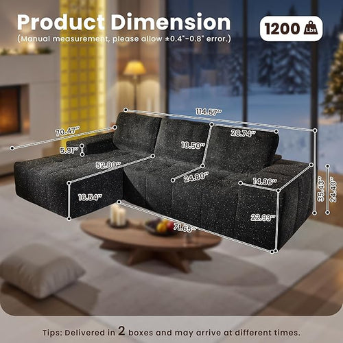 114" Glitter Cloud Sectional Couch with L-Shape Chaise, Modern Boneless Couches for Living Room, Fluffy Tufted Deep Seat Modular Sofa in a Box No Assembly