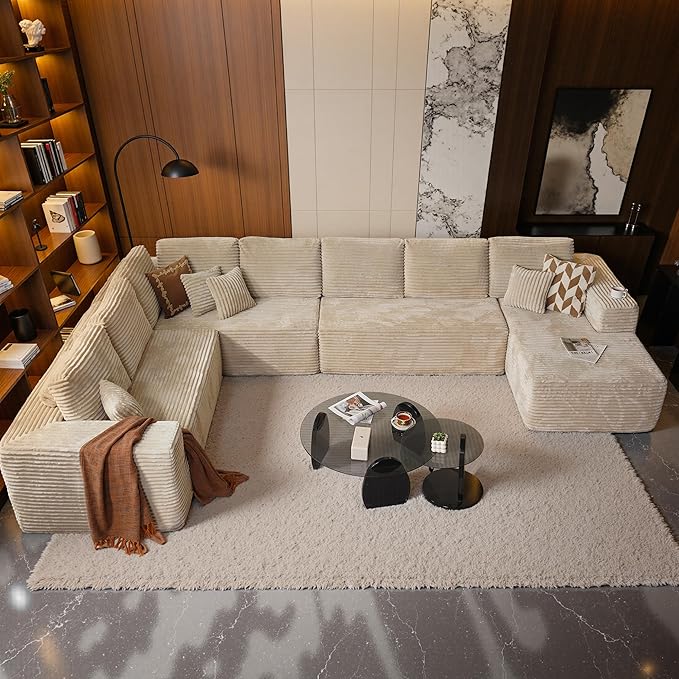 Cloud Sectional Couch with Chaise, Boneless U-Shaped Cloud Couch with Deep Seat, Soft Plush Modern Minimalist Sofa, Assembly Free Modular Floor Sofa for Office Living Room Apartment, Beige
