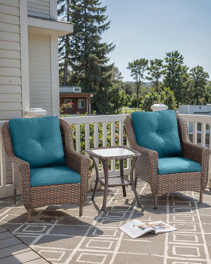 3 Piece Patio Brown Wicker Chairs with Side Table - Outdoor High Back Heavy Duty All-Weather Lawn Dining Rattan Chair Conversation Bistro Set for Deck Porch Balcony Garden - Peacock Blue