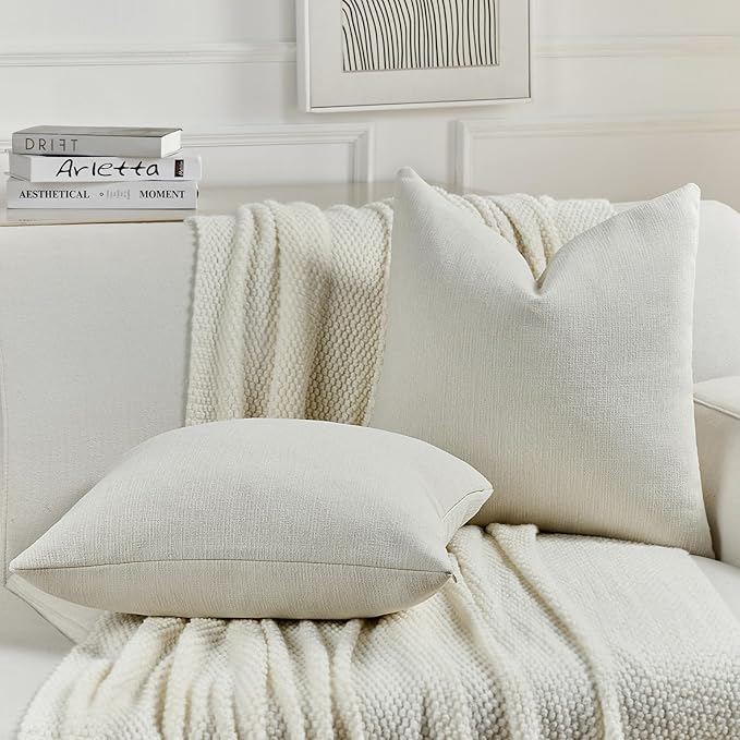 FUTEI Cream Chenille Decorative Throw Pillow Covers 16x16 Inch Set of 2,Soft Cozy Faux Linen Textured Cushion Case,Farmhouse Home Decor for Couch Living Room