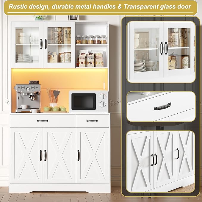 71" Kitchen Pantry Cabinet: Hutch Cabinets with Glass Doors, Pantry Cabinets with Drawers, Adjustable Shelves, LED Light & Power Outlets for Kitchen, Living Room, Dining Room