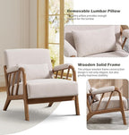 Mid Century Modern Accent Chair with Solid Wood Frame, Upholstered Living Room Chairs with Lumbar Cushion Padded Arms, Reading Armchair for Bedroom Set of 2, Beige