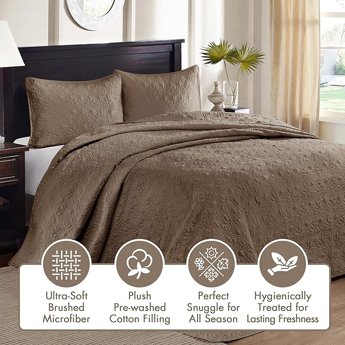 Madison Park Quebec Reversible Damask Design, Double Sided Quilting All Season, Lightweight Coverlet Bedspread Bedding Set, Matching-Shams, King(120"x118"), Mocha