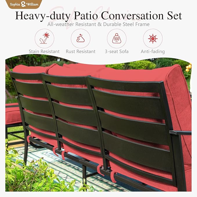 Sophia & William Patio Furniture Sets 5 Seats Outdoor Metal Conversation Sets 4 Pcs with 2 x Cushioned Swivel Sofa Chairs,1 x 3-Seat Sofa, 1x Marbling Metal Coffee Table Lawn Backyard Poolside Red