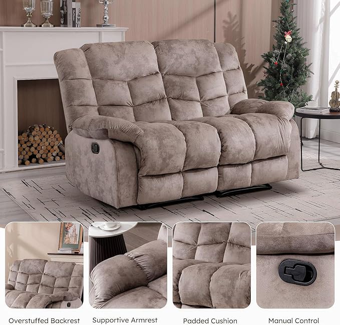 EBELLO Manual Recliner Couch Set, Soft Fabric Reclining Living Room Set, Included Single Recliner Chair and Loveseat Sofa, Light Brown