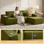104" Cloud Sectional Couch with Chaise, Boneless L-Shaped Cloud Couch with Deep Seat, Modern Minimalist Sofa, Assembly Free Comfy Sofa for Office Living Room Study Room Apartment(Green, Right Chaise)