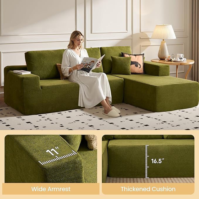 104" Cloud Sectional Couch with Chaise, Boneless L-Shaped Cloud Couch with Deep Seat, Modern Minimalist Sofa, Assembly Free Comfy Sofa for Office Living Room Study Room Apartment(Green, Right Chaise)