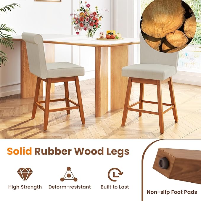 COSTWAY Swivel Bar Stools Set of 2, 27" Counter Height Bar Chairs with Rubber Wood Legs, Upholstered Linen Barstools with Back & Cushioned Seat, for Kitchen Island, Home, Beige (2,Beige)