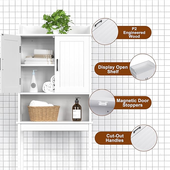 Over-The-Toilet Storage Shelf with Doors, Bathroom Freestanding Space Saver Organizer with Adjustable Shelf, White