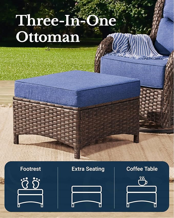HILLGA Luxury Patio Furniture Set with 6-inch Thick Cushion, Outdoor Sectional Sofa and High Back Swivel Rocker Patio Chairs, 7PCS Wicker Conversation Set for Deck Yard and Pool, Blue (V2)