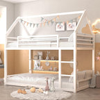 Bunk Bed Twin Over Twin, House Bunk Bed Frame with Ladder and Guardrail, House Shaped Bunk Bed Frame with Metal Slats for Girls Boys, Space Saving, No Box Spring Needed (White)