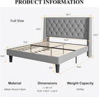 SHA CERLIN Full Size Upholstered Platform Bed Frame with Wingback Headboard, Tufted Linen Fabric, Wooden Slats Support, Easy Assembly, No Box Spring Needed, Light Grey