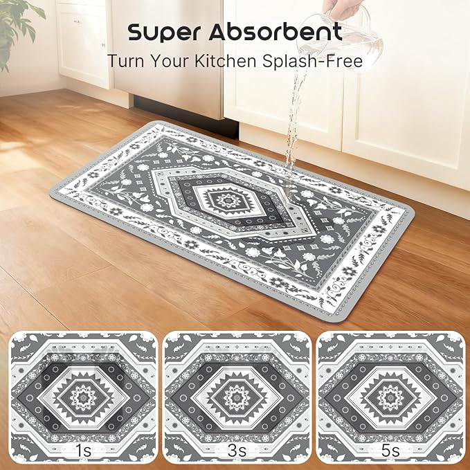 ArtyCozy 2 Piece Boho Kitchen Rug Set, Non-Slip Super Absorbent Kitchen Mats for Floor with Rubber Backing, Stain Resistant Runner for Hallway Laundry Holiday Decor, Grey, 20" × 32'' Plus 20'' × 47''