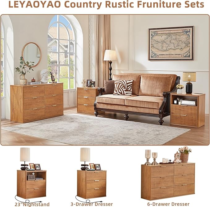 LEYAOYAO 23" Wide Fluted Farmhouse Night Stand Set of 2 with Charging Station, 3 Drawers Large End Table w/Metal Handle, Brown Nightstand Bedside Table,Wood Dresser for Bedroom, Closet