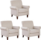 Prilinex Upholstered Living Room Chair Set of 3 - Large Comfy Fabric Accent Chair Single Sofa with Cushion, Rolled Armrest & Nailhead Trim, Mid Century Farmhouse Armchair for Bedroom, Office, Beige