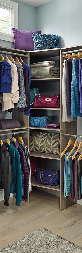 ClosetMaid SuiteSymphony Wood Corner Shelf Unit, 2 Shelves, Adjustable, Stacking, For Storage, Closet, Clothes, Shoes, Décor, Natural Gray