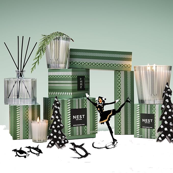 NEST New York Scented Classic Christmas Tree Candle, Birchwood Pine - 8.1 oz - Up to 60-Hour Burn Time - Reusable Glass Vessel