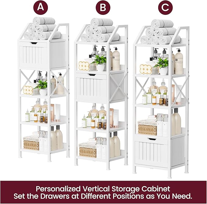 Bathroom Floor Cabinet, 5-Tier Bathroom Storage Organizer Rack with Drawer, Multifunctional Corner Unit, 47.24 Inches in Height, White