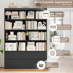 FINETONES 71" Black Bookshelf with Drawers, 47.3" Double Wide Bookshelves and Bookcases with Storage, Tall Bookshelf Large Open Book Shelf Standing Book Case for Home Office, Black