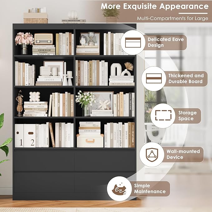 FINETONES 71" Black Bookshelf with Drawers, 47.3" Double Wide Bookshelves and Bookcases with Storage, Tall Bookshelf Large Open Book Shelf Standing Book Case for Home Office, Black