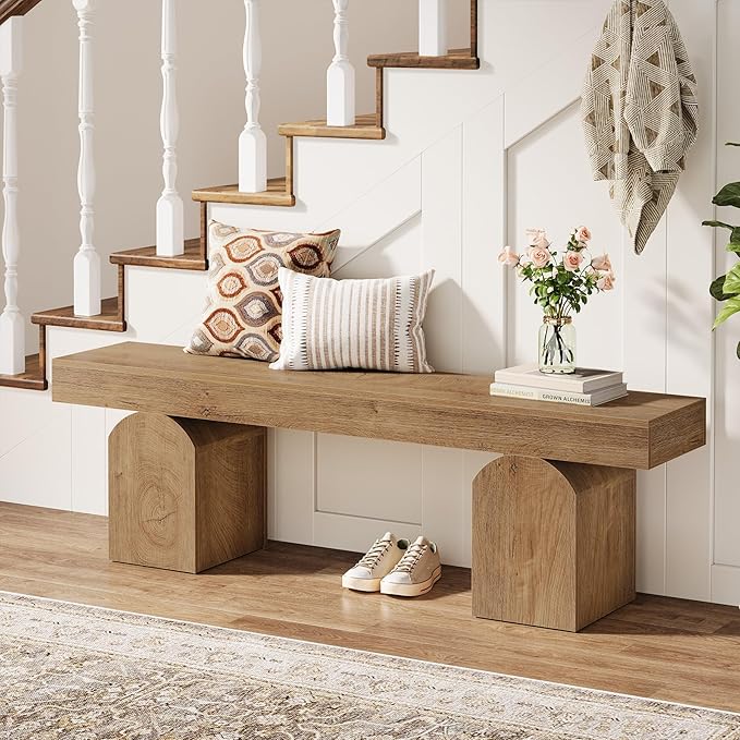 Tribesigns Entryway Bench, 59" Long Shoe Bench with Arched Bases, Wooden Indoor Bench for Entry Way, Living Room, Bedroom (Brown)